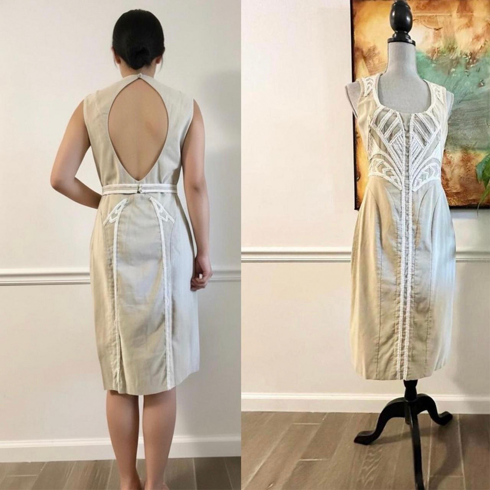 Vintage Zac Posen Panel Sheath Midi Sleeveless Dress Cut-out semi backless tan 8